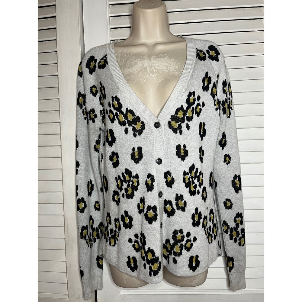 Cabi Leopard Print Cardigan Grey Black Yellow Button Up Oversized Sweater XS